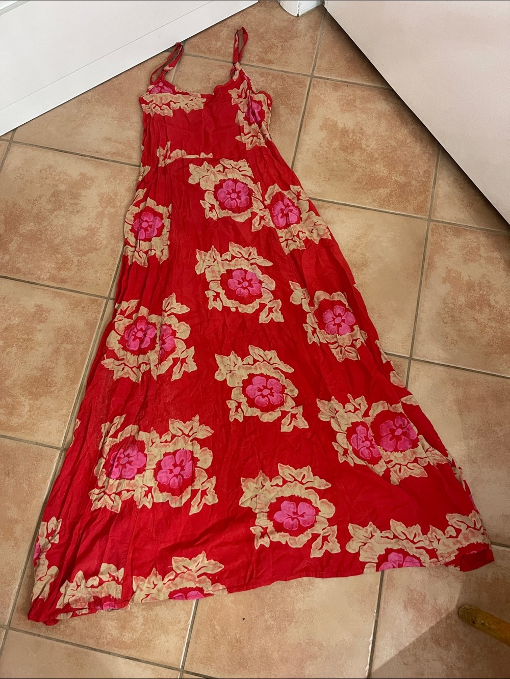 Red Floral Maxi Sundress with Pink Accents